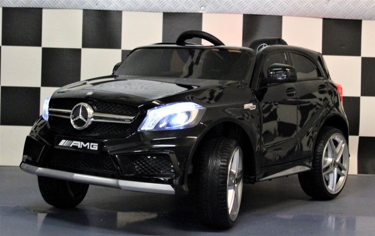 Mercedes Kinderauto A45 AMG metallic zwart 12V 2.4G RC lederen zitting